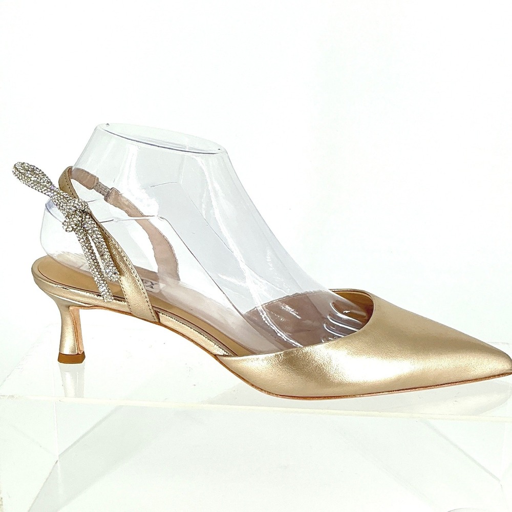 Badgley Mischka Size 8 Champagne Gold Leather Rhinestone Bow Kitten Heel NEW$255